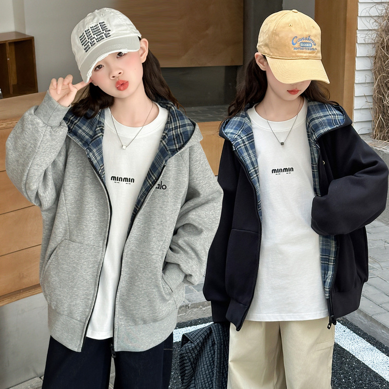 女童外套春秋2025新款儿童卫衣连帽拉链衫洋气中大童双面穿运动服|undefined