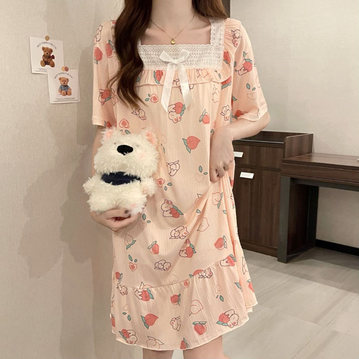 2024 pijama de mujer pijama de algodón de verano de manga corta encaje largo fresco ropa de hogar de estudiantes al por mayor