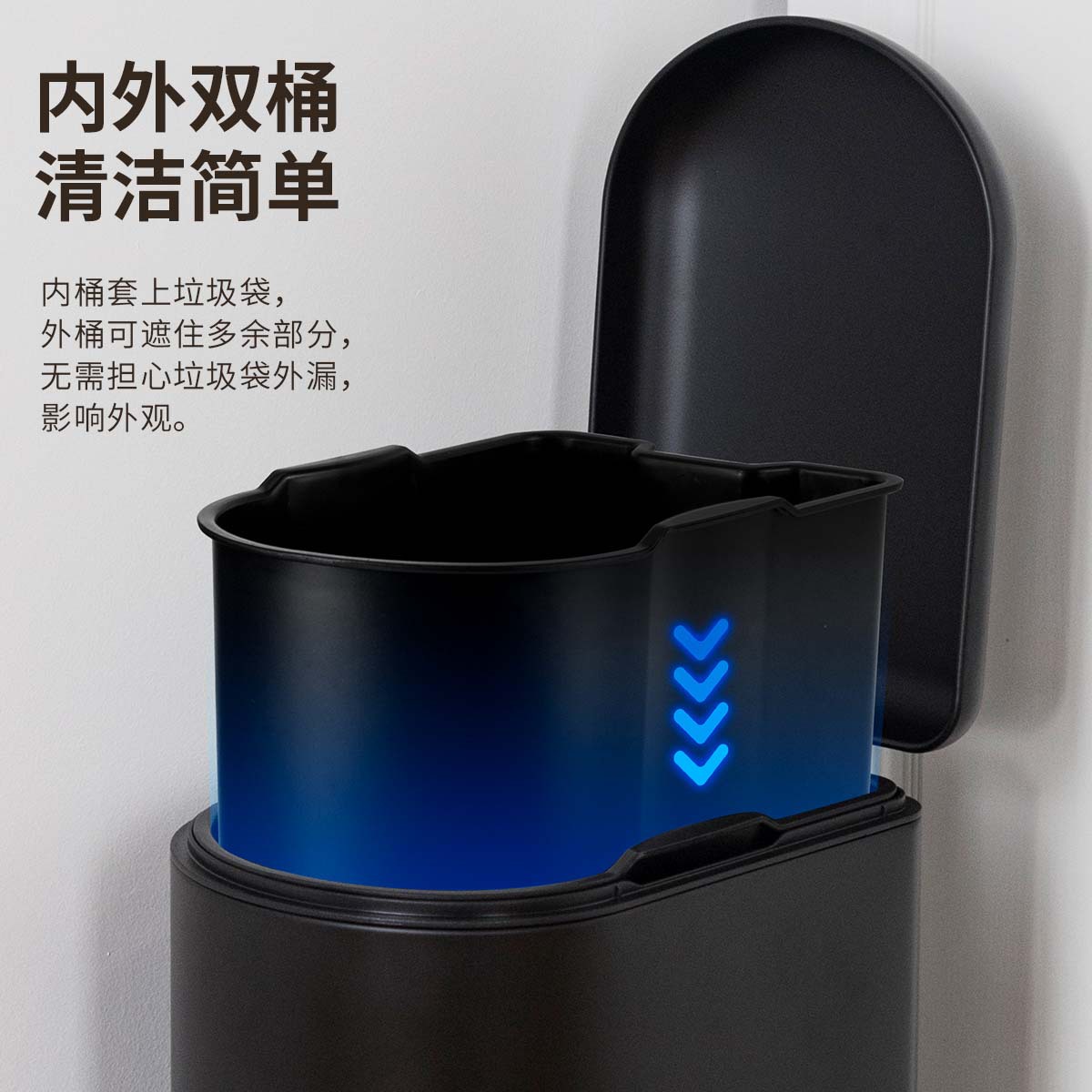 Bote de basura de tapa fija de 10 litros para el hogar negro mate, pie hacia abajo, silencioso, cubo sanitario con tapa, cubo de limpieza de cocina