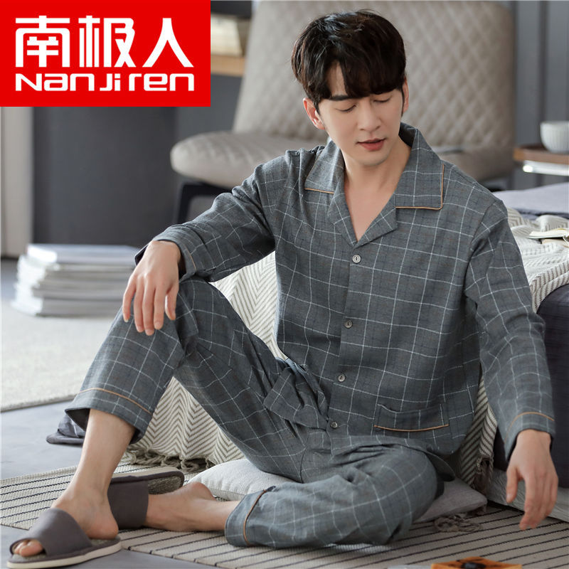 100% pijamas de algodón de primavera y otoño de manga larga traje de otoño e invierno de los hombres de solapa suelta más tamaño homewear