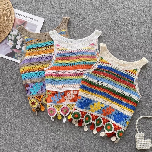Knit Laced Striped Fringe Strap Backless Top for Women Summer Sleeveless Outerwear Kanjian Ethnic Style Top