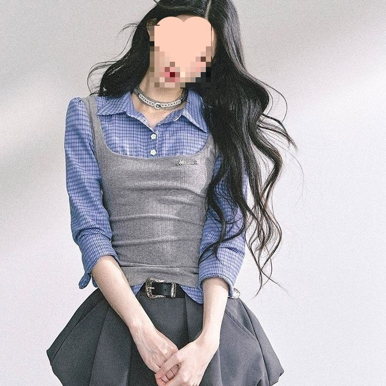 2025年秋季假两件拼接衬衫+辣妹花苞裙两件套女拼接衬衫|undefined