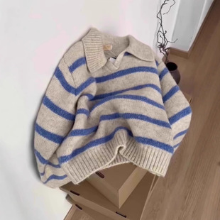 Vintage Striped Polo Lar Long-sleeved Sweater Men's Winter New Soft Lazy Loose Knitted Niche Pullover Top