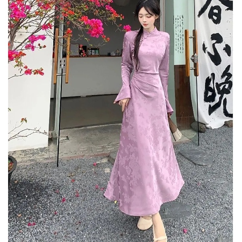 新中式国风盘扣立领连衣裙2025年秋季收腰改良旗袍女气质长款裙子|undefined