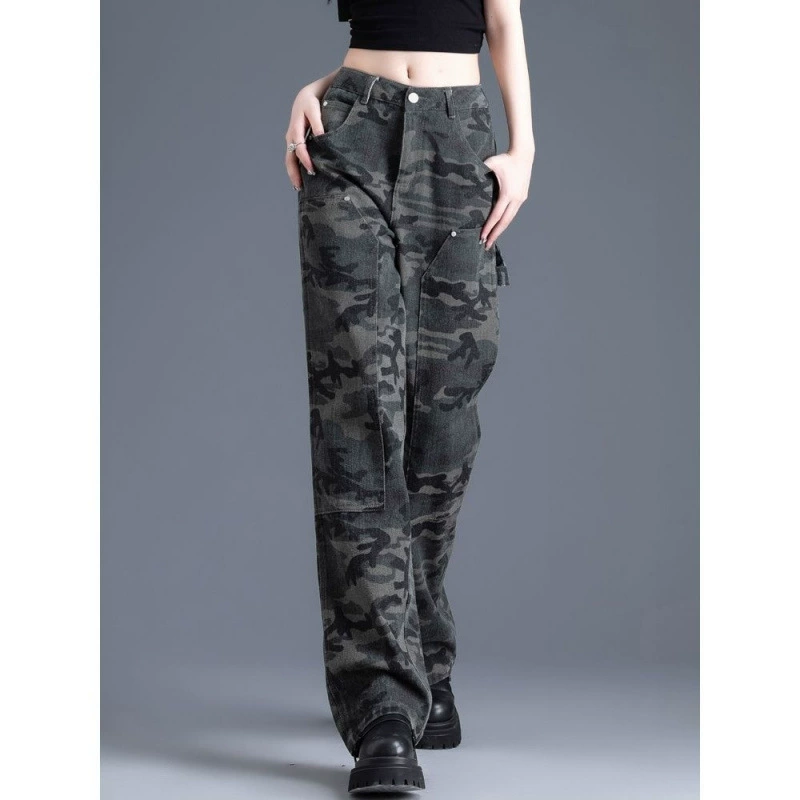 Армейские зеленые камуфляжные джинсы-карго для женщин, новый летний стиль для миниатюрных студентов, свободные повседневные прямые широкие брюки.