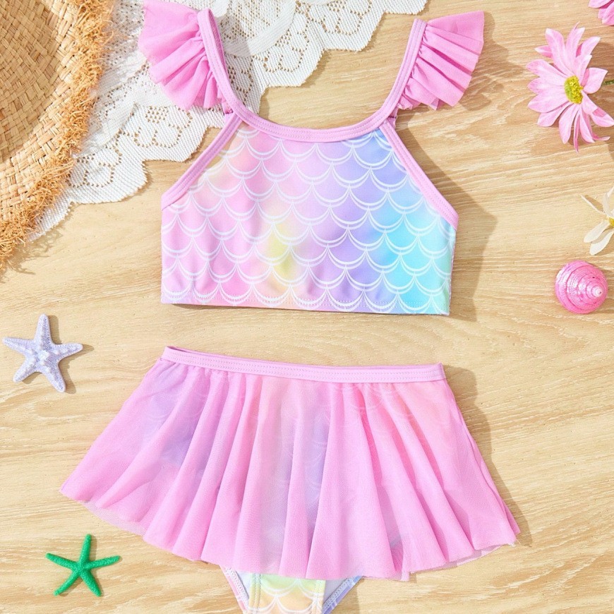 2025 New Girls' Two-Piece Swimsuit with Fish Scale Print and Ruffled Edges, Comfortable Children's Swimwear for Girls, Cross-Border