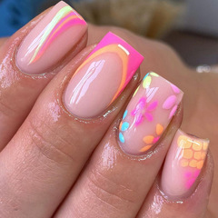 Mid-length square-shaped summer colorful floral wave-patterned nails—Elegant, sweet, and fresh-looking European & American Instagram-style wearable nail tips (24 pieces)