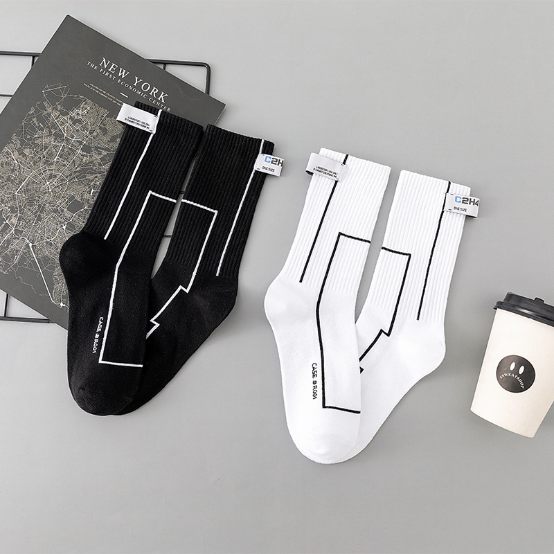 Lena label deconstructed line socks personality fashion street hip hop mid-length socks Korean style heel stickers fashion socks