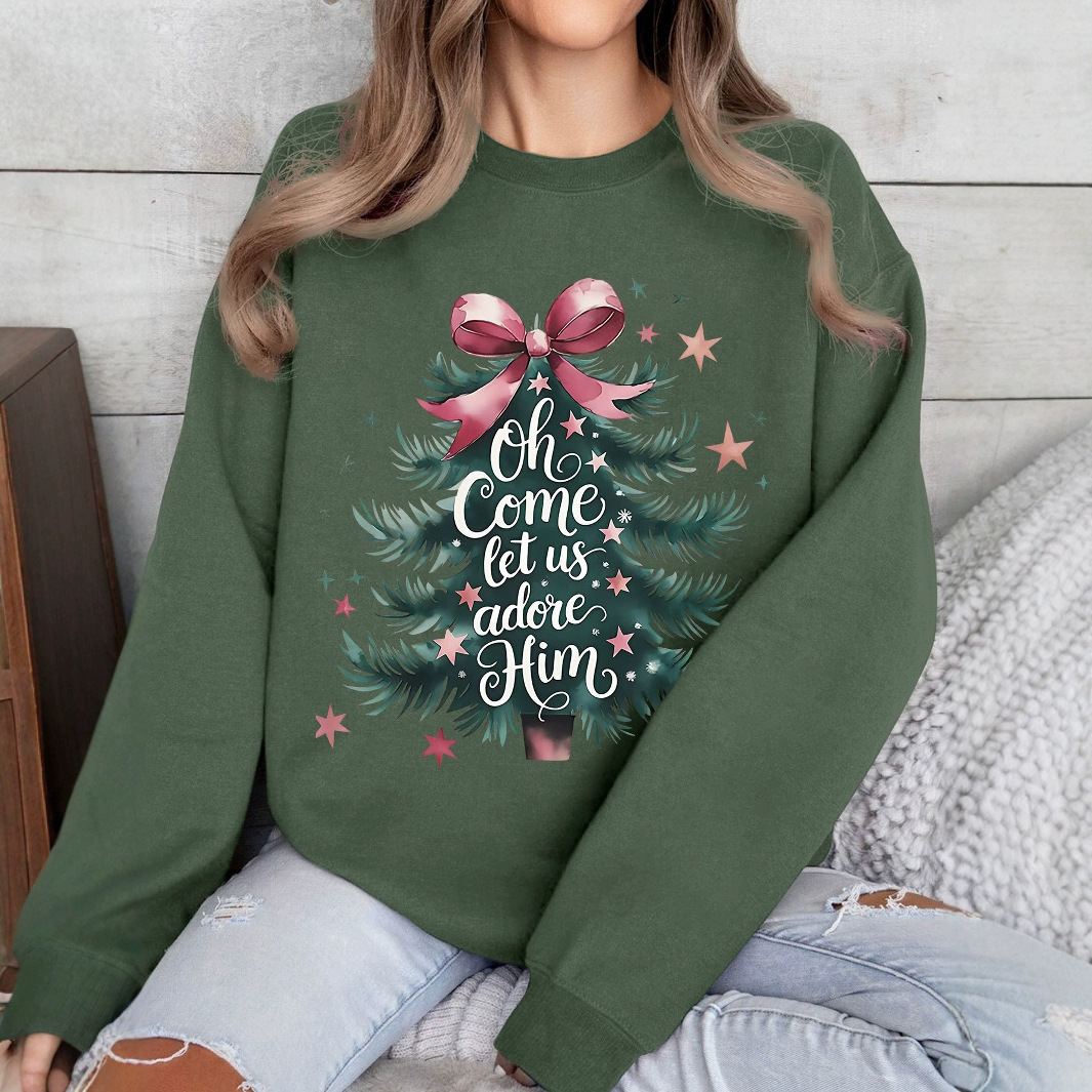 (2개) 겨울 아마존 오 와서 그를 좋아하자 크리스마스 트리 축제 인쇄 둥근 목 양털 스웨터