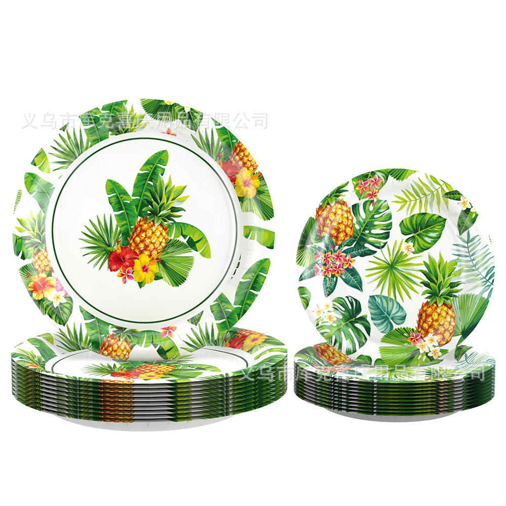 Nueva Hawaiian tema Fiesta decoración suministros hojas tropicales bandeja de papel desechable taza de papel tire bandera traje de tejido