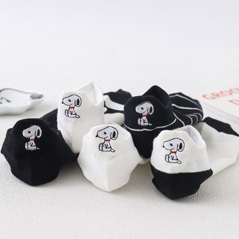 Snoopy Socks with Cartoon Embroidery, Short Boat Socks, Thin Striped Low-Cut Cotton Socks for Men and Women, Antibacterial, Sweat-Absorbent, Breathable, Thin Style, Shallow Cut