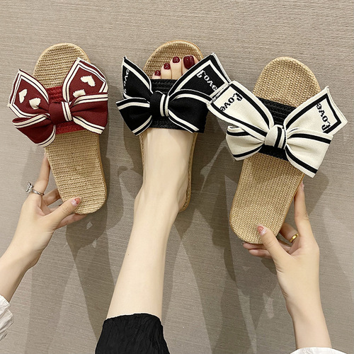 Home Slippers Summer New Breathable Indoor Fabric Linen Slippers with Small Scandalous Butterfly Knot Sandals for Women to Wear Outdoors