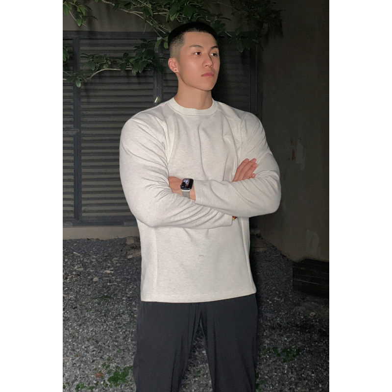 American Style Heavyweight Cotton Cleanfit Long Sleeve T-Shirt For Men, Spring And Autumn, Ribbed Design, Oversized_voghion.com