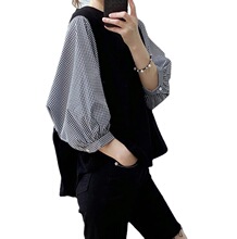 日系乐天韩国亚马逊 春夏新款假两件拼接设计灯笼袖宽松T恤