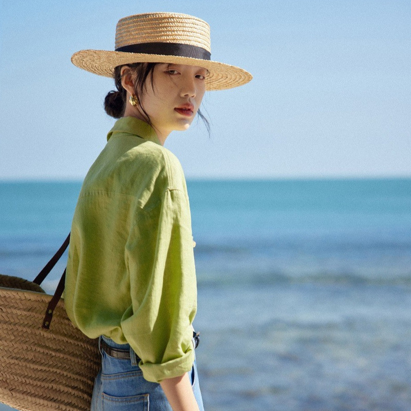 French Retro 14-Count Linen Green Long-Sleeved Salt Shirt for Women Spring and Summer New Casual Loose Shirt