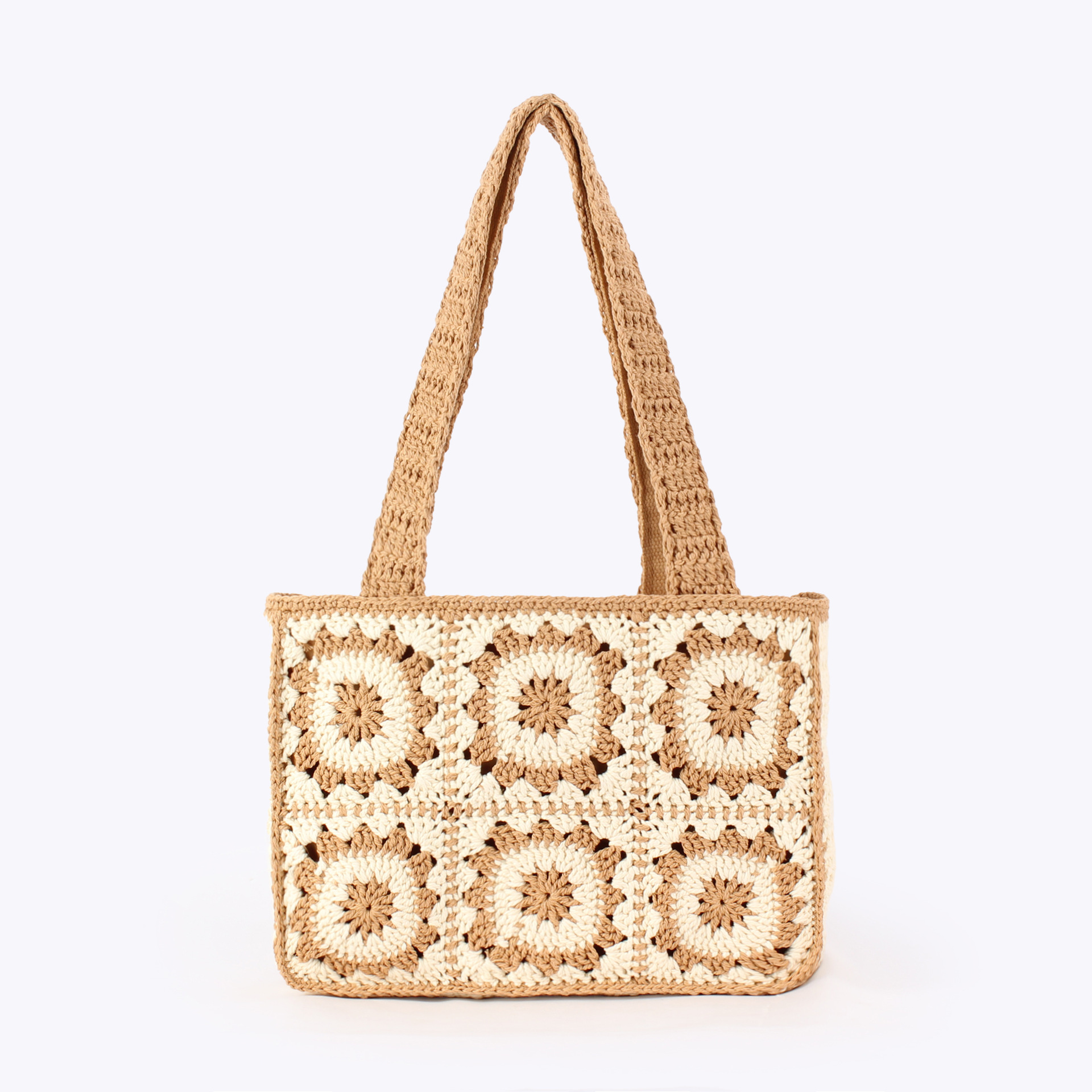 Borsa da donna in stile patchwork, realizzata in filato di cotone e lavorata a mano, versatile per la spiaggia, le vacanze, il lavoro e gli spostamenti quotidiani._voghion.com