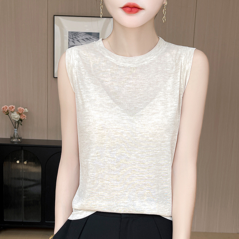 2025 Spring and Summer New Worsted Round Neck Knitted Sleeveless Vest Pure Color Loose Versatile Thin Bottoming Shirt Top 2025 Spring and Summer New Worsted Round Neck Knitted Sleeveless Vest Pure Color Loose Versatile Thin Bottoming Shirt Top