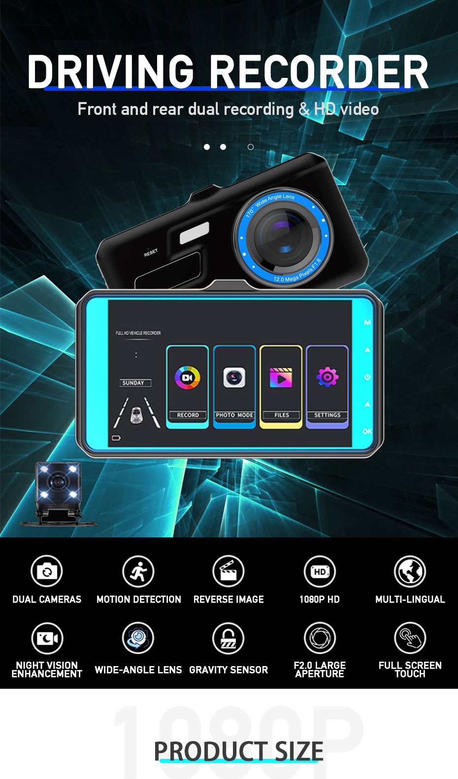 Cross-Border Bestseller Touchscreen Dual-Lens Dash Cam Hd 1080P Aluminum Alloy Front and Rear Dual Recording Car Camera