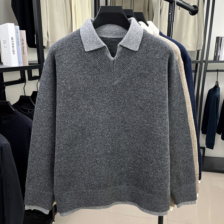 T-shirt convencional juvenil de moda V-collar falso dos piezas de camisa de punto de punto suéter de invierno masculino camisa de punto de color sólido