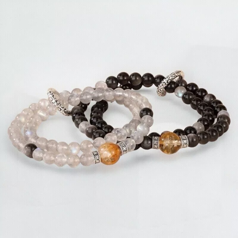 S999 Pure Silver Couple Bracelets, a Pair of 2026 New Style Natural Obsidian Double-Circle Crystal Bracelets, 520 Gift