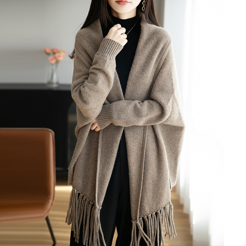 25 Autumn and Winter New Tassel Oversized Shawl Wool Cape Warm Cardigan