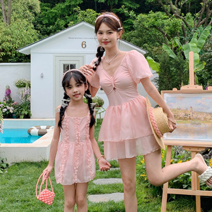 2025 New Parent-Child Swimsuit Mother-Daughter One-Piece Skirt Style Korean Ins Sweet Internet Celebrity Princess Conservative Body-Covering Swimwear