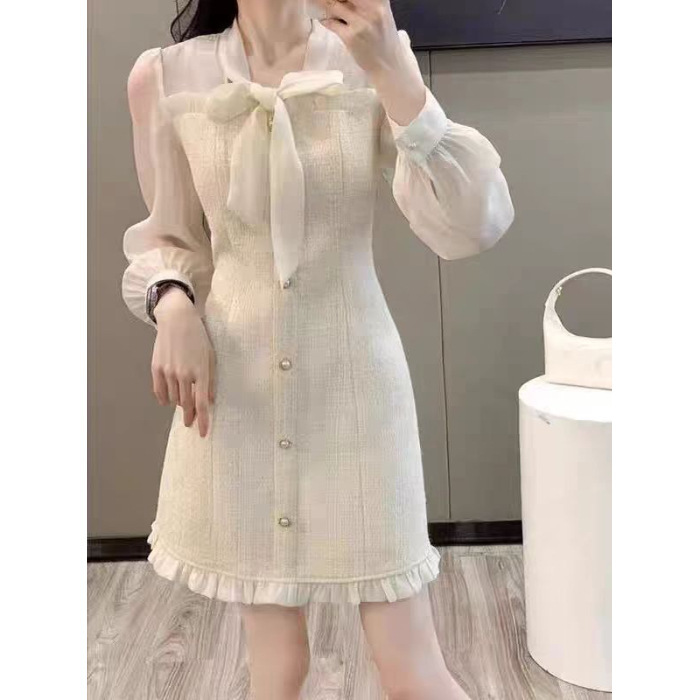 高级感法式小香风连衣裙女2025春秋杏色感端庄大气质名媛长袖裙子|undefined