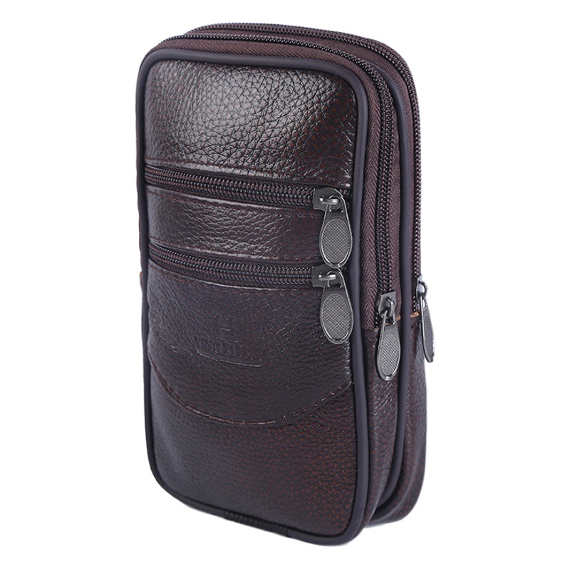 Cross-border Cowhide Vertical Horizontal Mobile Phone Bag Multi-layer Zipper Large Capacity Waist Bag Wearing Belt Hanging Waist Mobile Phone Bag Wallet