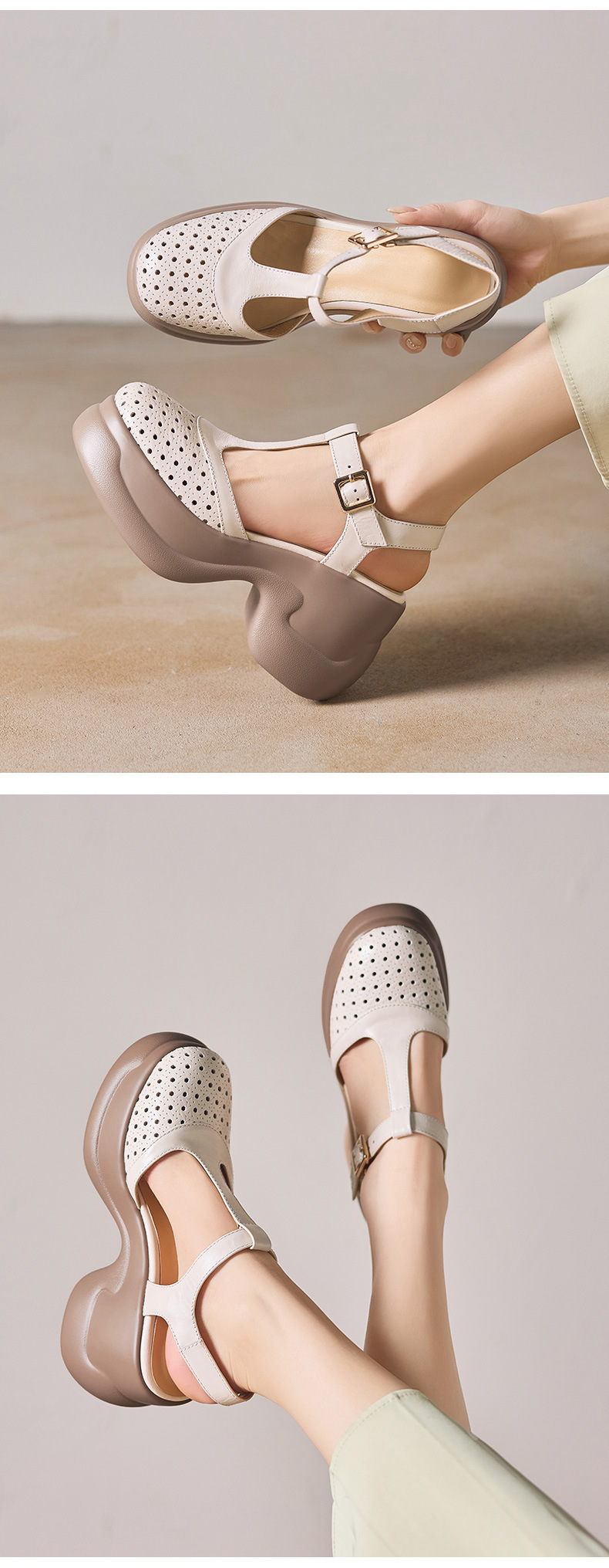 Sandal cao gót nữ quai ngang khóa T, đế dày 9.5 cm, gót thô — màu trắng ngà chi tiết 6