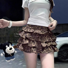 韩国Chien古早辣妹豹纹短裙秋季麂皮绒荷叶边蓬蓬蛋糕半身裙女