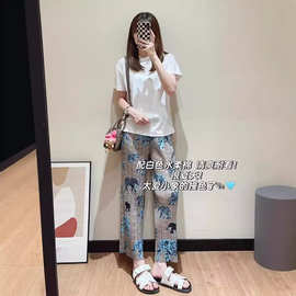 三宅2024年夏季新款复古印花休闲裤女宽松显瘦高腰百搭褶皱直筒裤