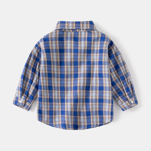 Spring travel outdoor boys plaid shirt casual lapel cotton long-sleeved shirt Korean style trendy children's shirt