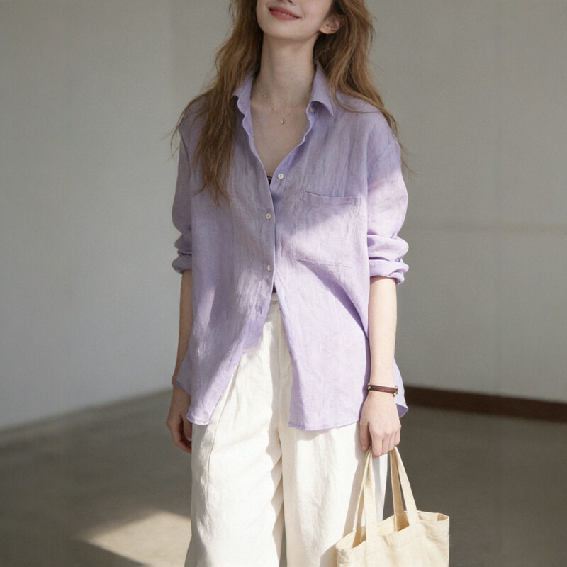 Gentle and Lazy Style Light Purple Linen Shirt for Women 2026 Summer Loose Sun Protection Long-Sleeved Shirt Japanese and Korean Casual Style