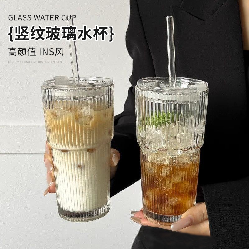 跨境高颜值加厚带盖带吸管竖条纹玻璃水杯ins风大容量杯子吸管杯