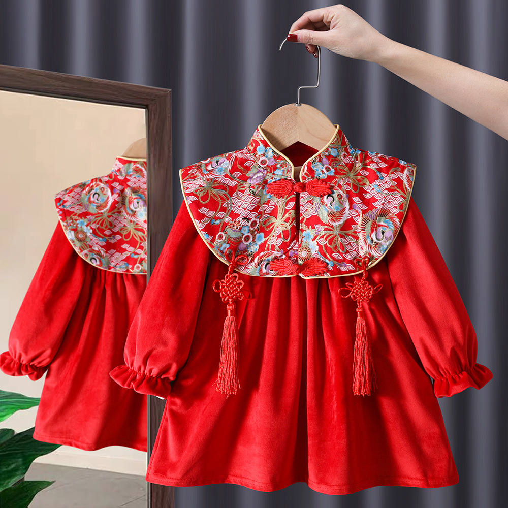 Hanfu Girls Saludos de Año Nuevo Traje Tang de estilo chino para niños Estilo de invierno para niños Falda cheongsam de un año Año Nuevo Ropa de invierno para niñas