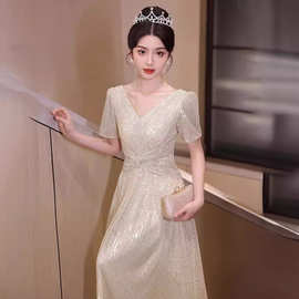 香槟色晚礼服裙女2026新款亮片伴娘服姐妹团成人礼学生艺考连衣裙