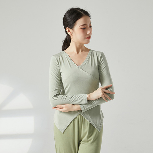 Yoga practice clothes for adults, long-sleeved T-shirts, cross-collar Latin dance tops, modern body dance clothes, 230g fabric