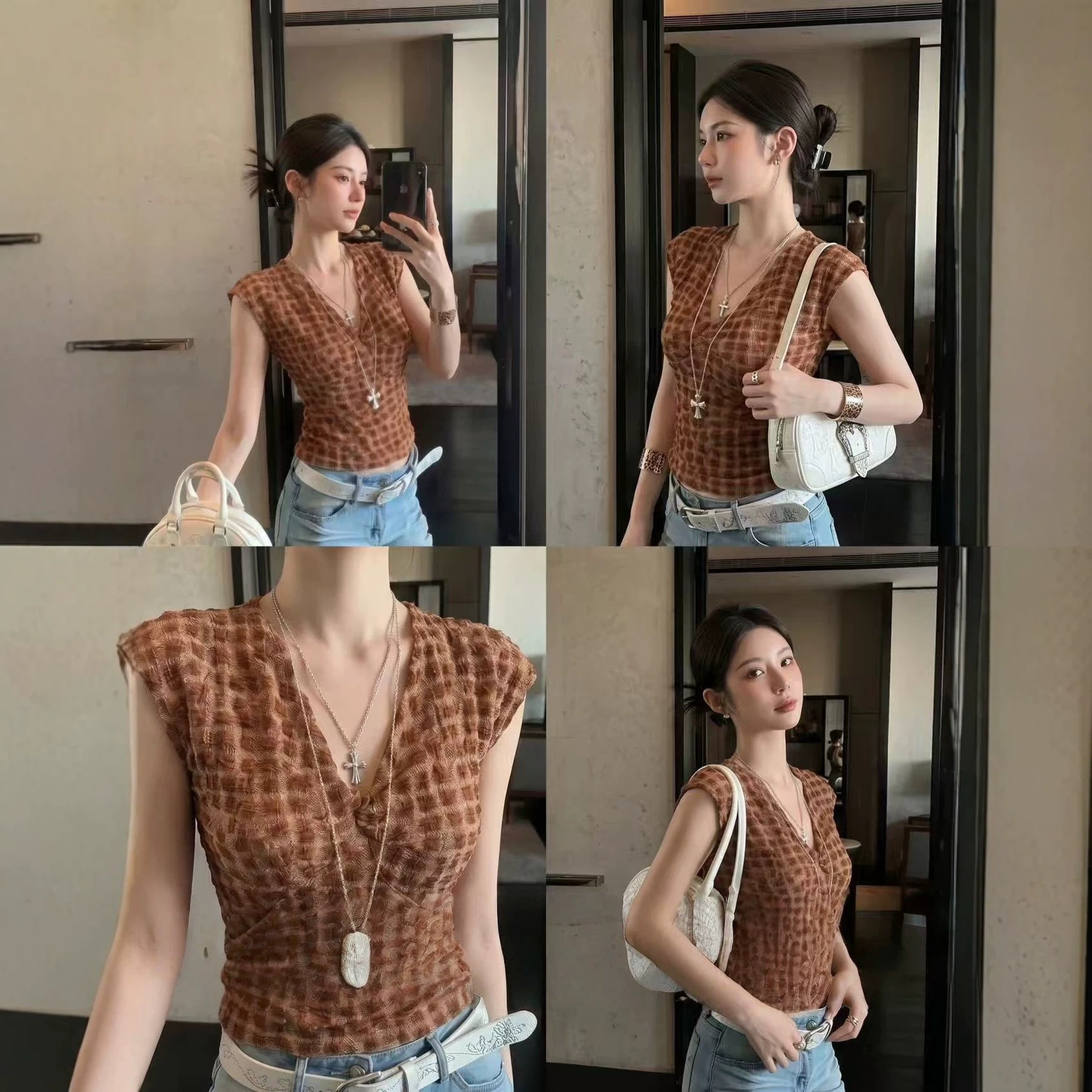 Vacation Style Vest T-Shirt Women's 2026 Summer New V-Neck Twist Waist Slimming Sleeveless Short Top One Piece Dropshipping