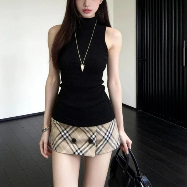 French Old Money Style Black High-Neck Sleeveless Top for Women, Summer A-Line Plaid Skirt Two-Piece Fashion Set French Old Money Style Black High-Neck Sleeveless Top for Women, Summer A-Line Plaid Skirt Two-Piece Fashion Set