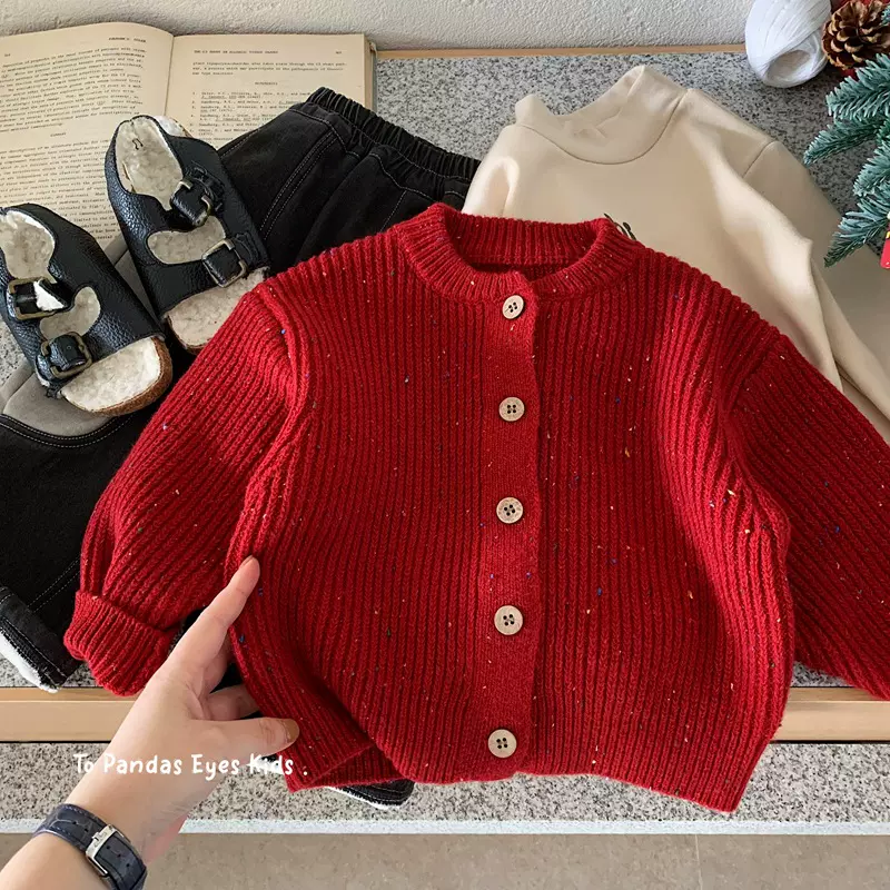 韩系童装男童红色开衫毛衣加厚针织衫外套2025新款男孩小童新年服