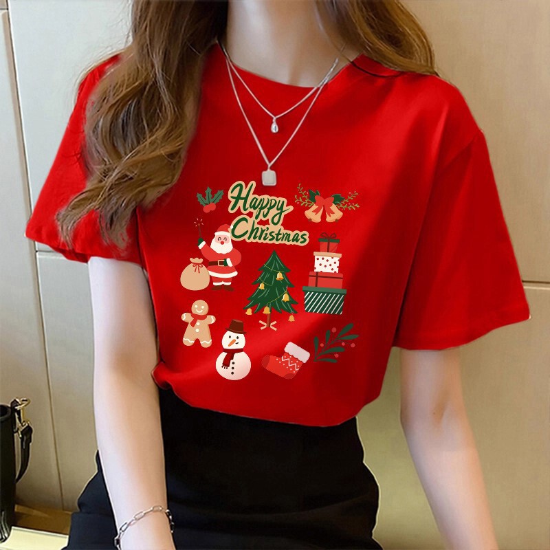 Red Christmas T-shirt for women, pure cotton, 2025 new popular fashion, large size, loose-fitting top, short-sleeved Christmas clothing Red Christmas T-shirt for women, pure cotton, 2025 new popular fashion, large size, loose-fitting top, short-sleeved Christmas clothing
