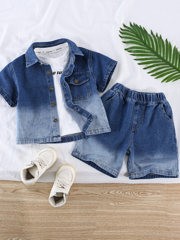 5291 Traje de verano para niños Camisa de manga corta de mezclilla degradada Ropa para niños Ropa hermosa Traje delgado de dos piezas para niños