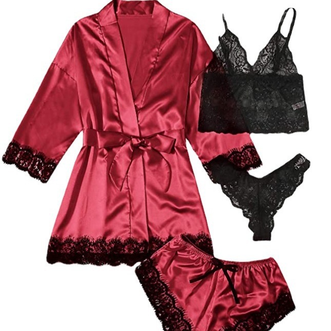 Comercio exterior Pijamas de mujer de encaje de cuatro piezas conjunto Sling traje pijamas de las mujeres Amazon fábrica de suministro de comercio exterior