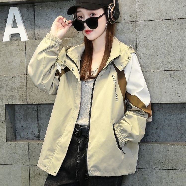 时尚百搭拼色连帽夹克外套女春秋款休闲爆款冲锋衣显瘦高级感上衣