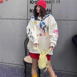 Lazy Style plus size Women's Spring and Autumn Graffiti Beautiful Girl Design Niche Pullover Loose All-match Retro Sweat