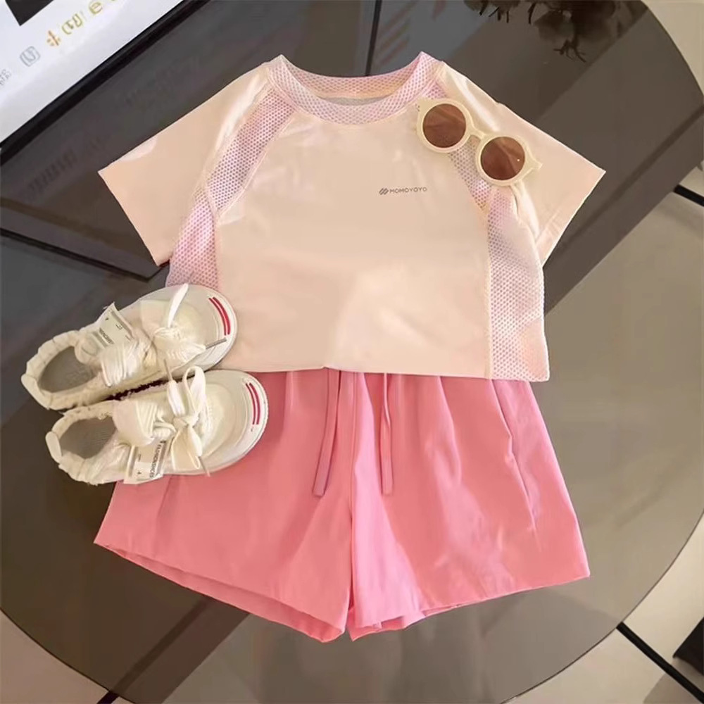 Traje deportivo de verano para niñas 2025 nuevos pantalones cortos de secado rápido transpirables de seda de hielo coreano para niños Traje casual de dos piezas