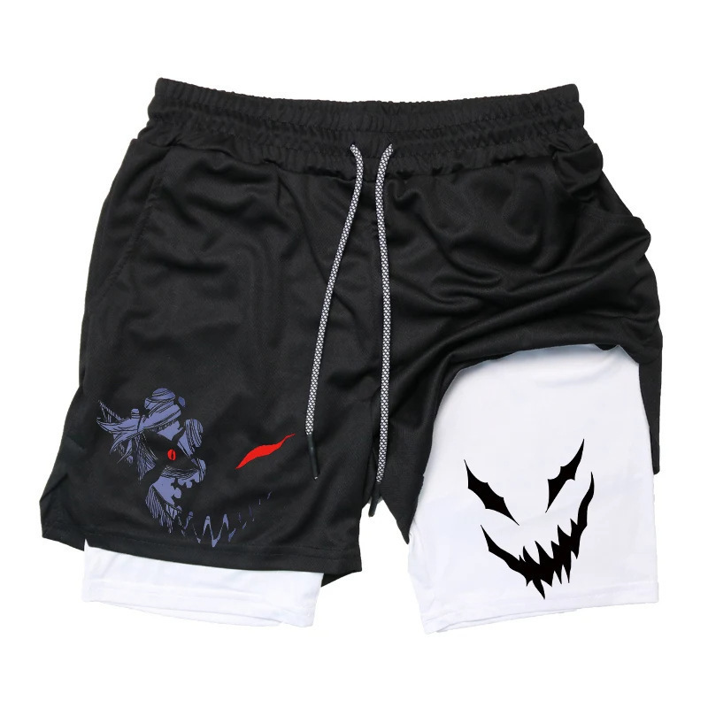 Japanese Anime Y2K Shorts Men's Printed Double-Layer Compression Pants with Pockets Summer Trendy Quick-Dry Fitness Wear Japanese Anime Y2K Shorts Men's Printed Double-Layer Compression Pants with Pockets Summer Trendy Quick-Dry Fitness Wear