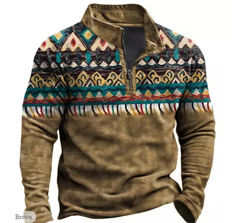 Polo de manga larga con media cremallera, estilo étnico, estampado en 3D, estilo europeo y americano, para venta transfronteriza