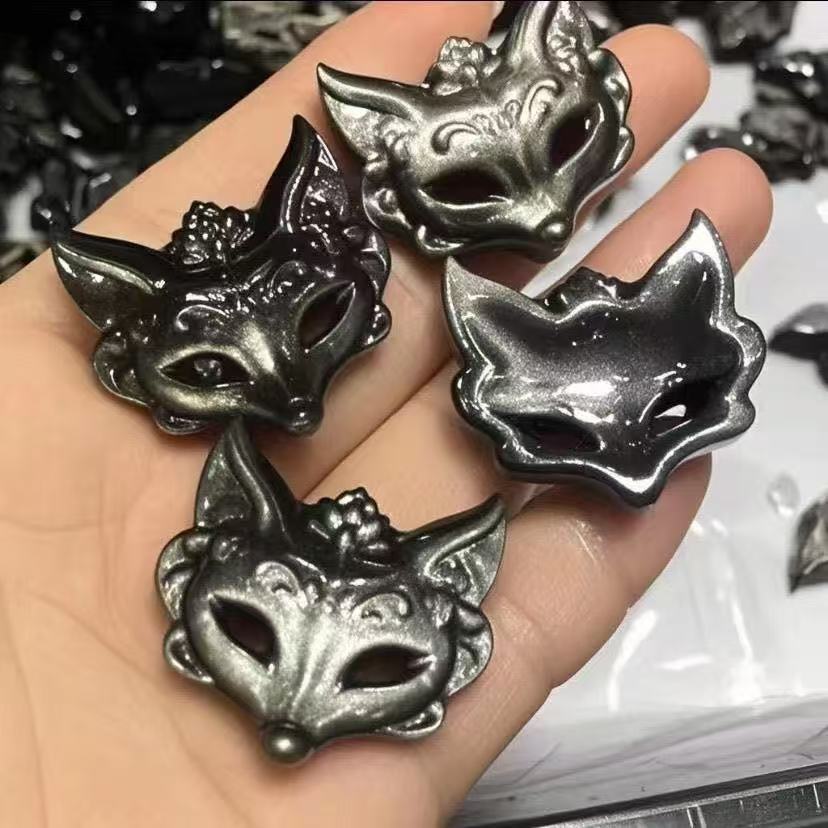 Natural Silver Obsidian Mask Pendant Necklace Crystal Fox Unisex_voghion.com