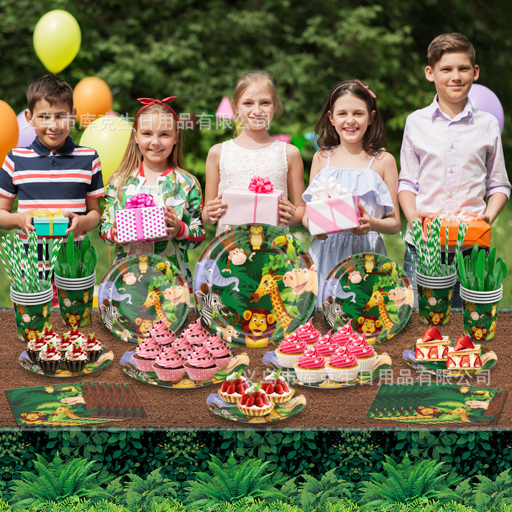 Amazon fabricantes nuevo animal selva fiesta de cumpleaños los niños suministros sombrero desechable plato tire bandera Decoración